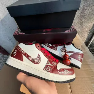 Air Jordan 1 Low Red and White Embroidered Cloud Motif Lifestyle Sneakers