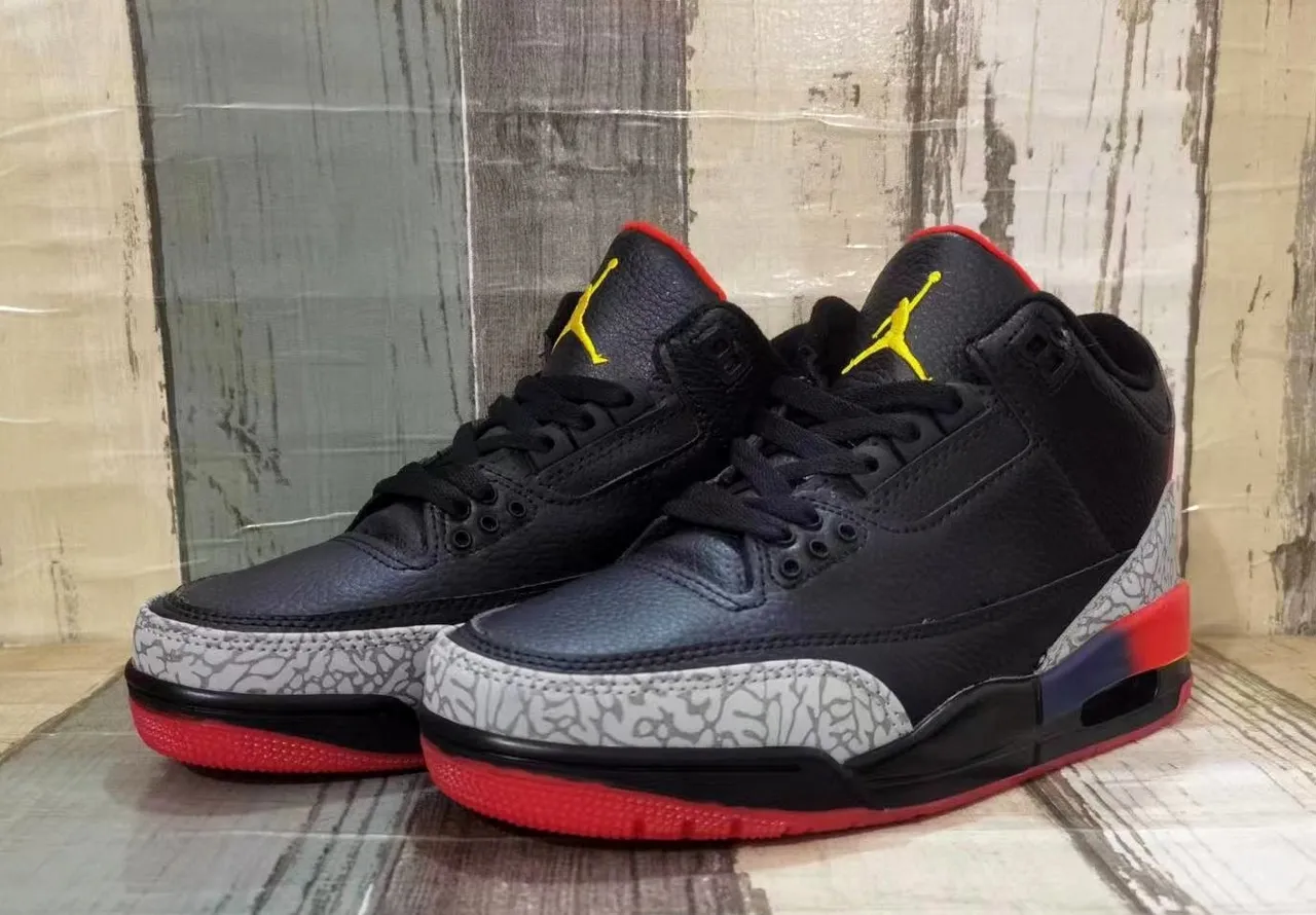 Air Jordan 3 Chaussures de Basketball Noir Ciment Rouge Jaune 2