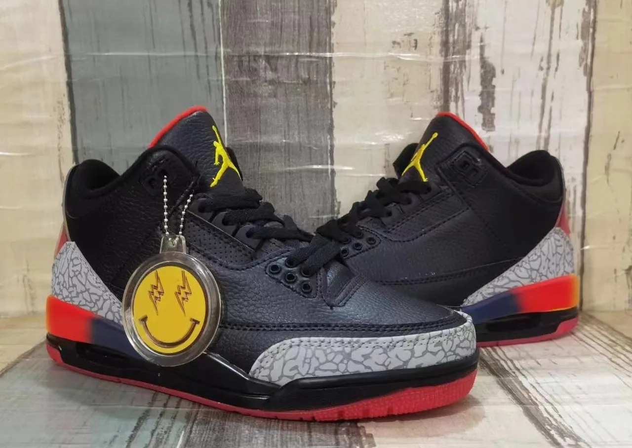Air Jordan 3 Chaussures de Basketball Noir Ciment Rouge Jaune 3