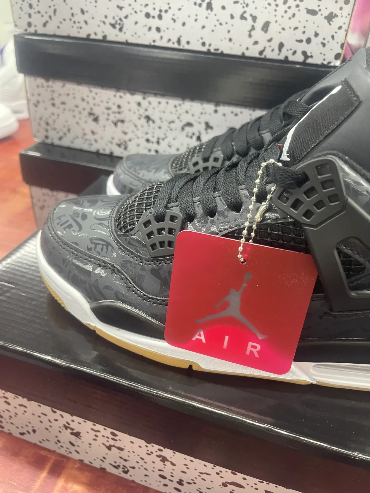 Air Jordan 4 أحذية كرة السلة أسود أبيض عالية الظهر جلد لامع براق 2