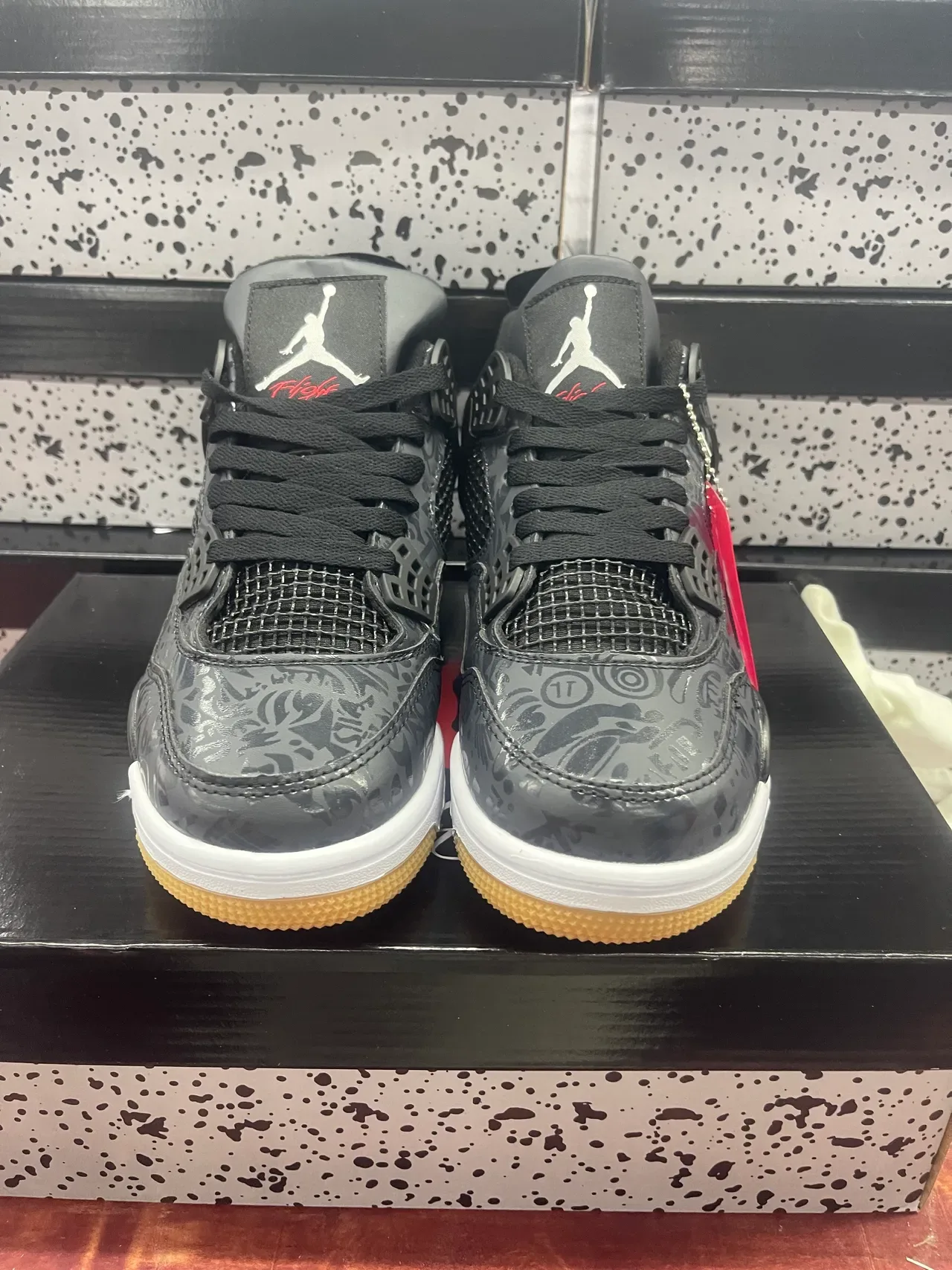 Air Jordan 4 أحذية كرة السلة أسود أبيض عالية الظهر جلد لامع براق 3