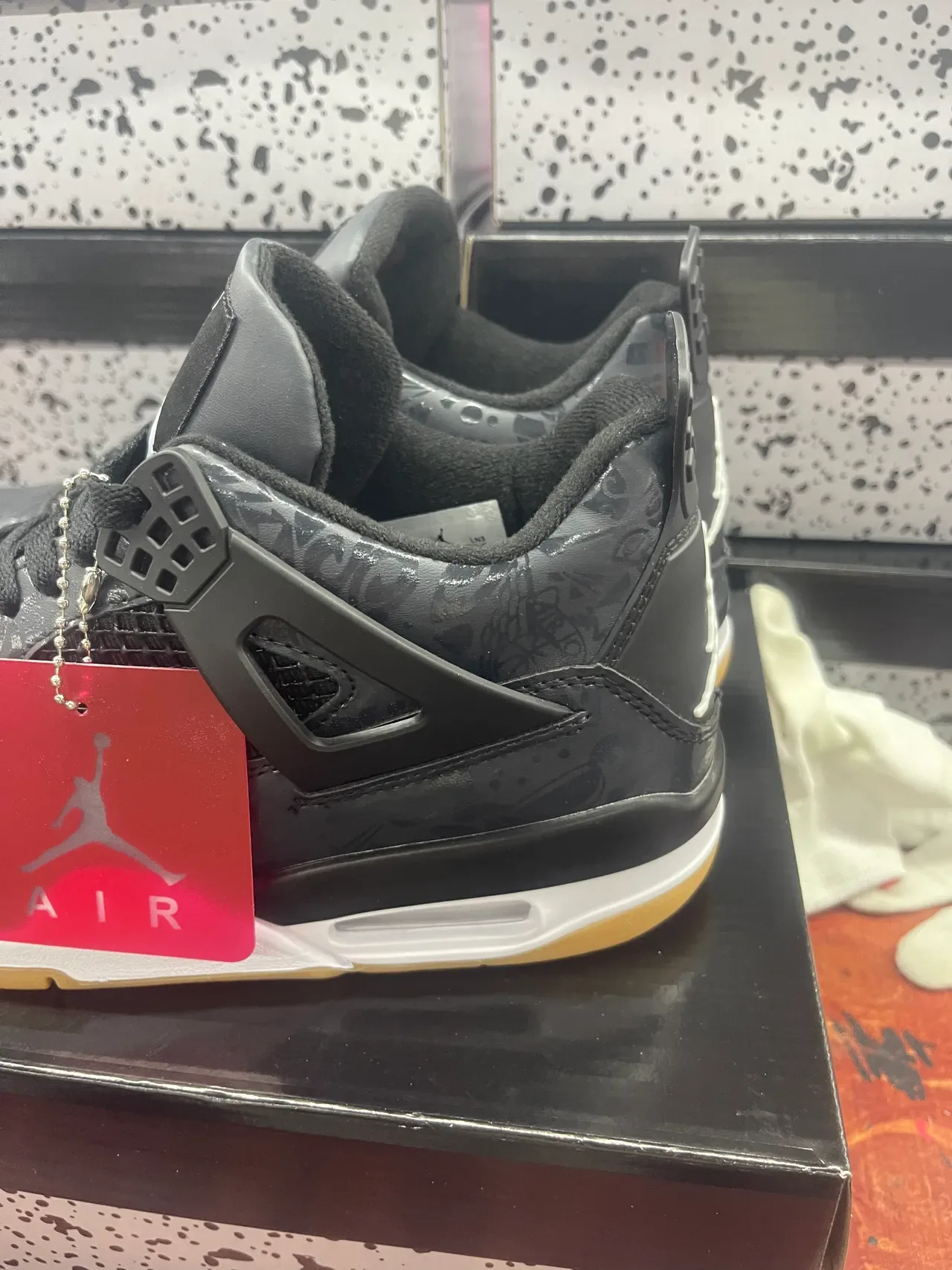 Air Jordan 4 أحذية كرة السلة أسود أبيض عالية الظهر جلد لامع براق 6