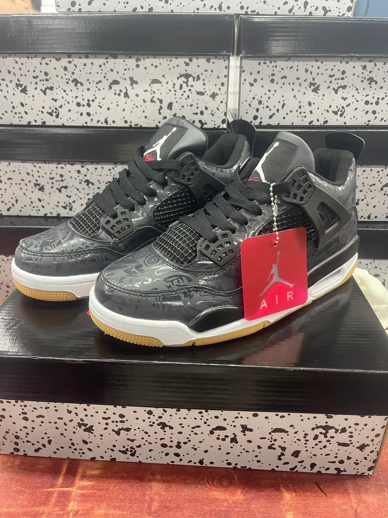 Air Jordan 4 أحذية كرة السلة أسود أبيض عالية الظهر جلد لامع براق 7