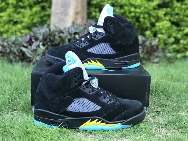 Air Jordan 5 Preto Aqua Amarelo Tênis de Basquete 9