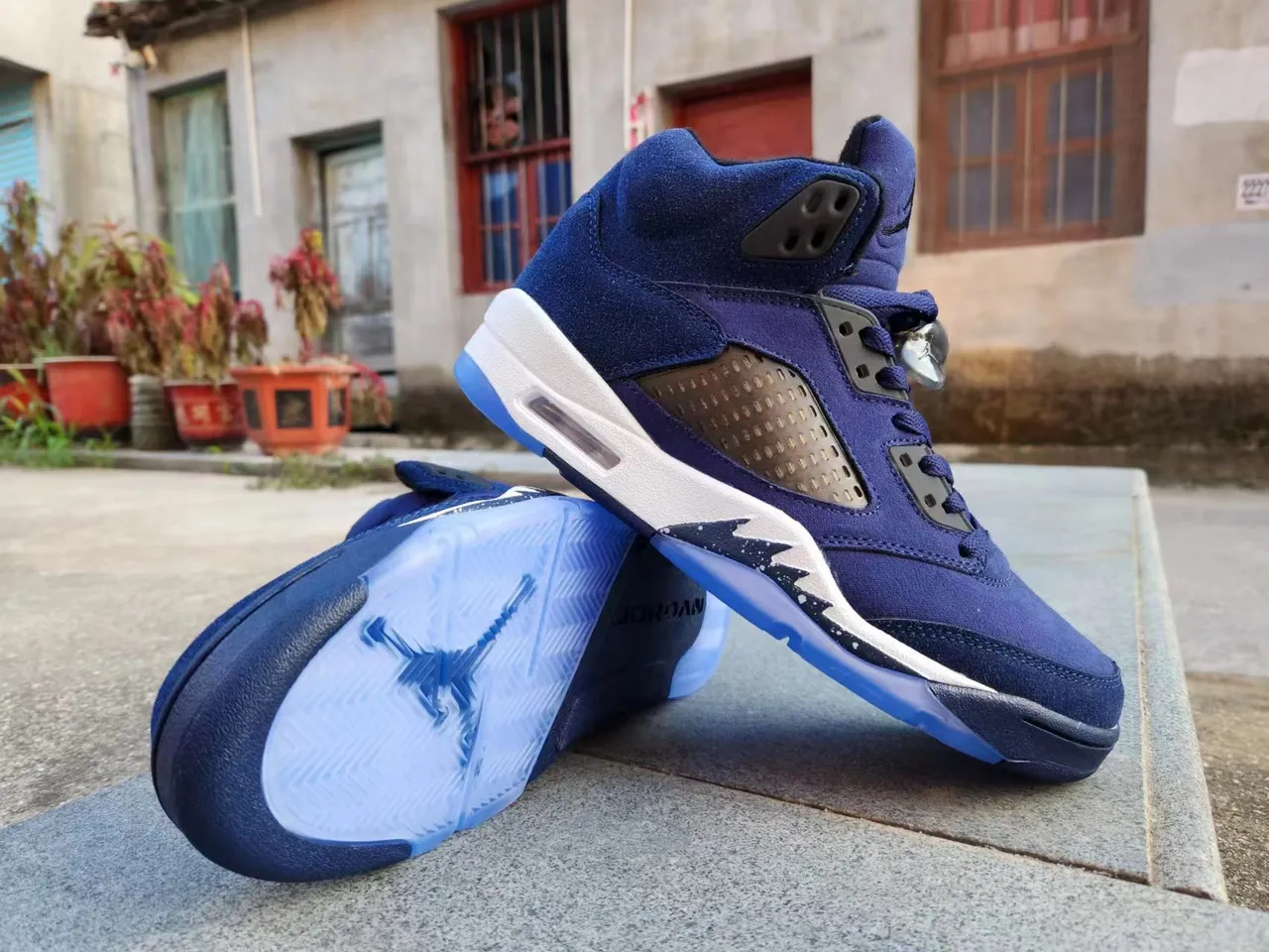 Air Jordan 5 Blue Suede High-Top Basketball Shoes 3