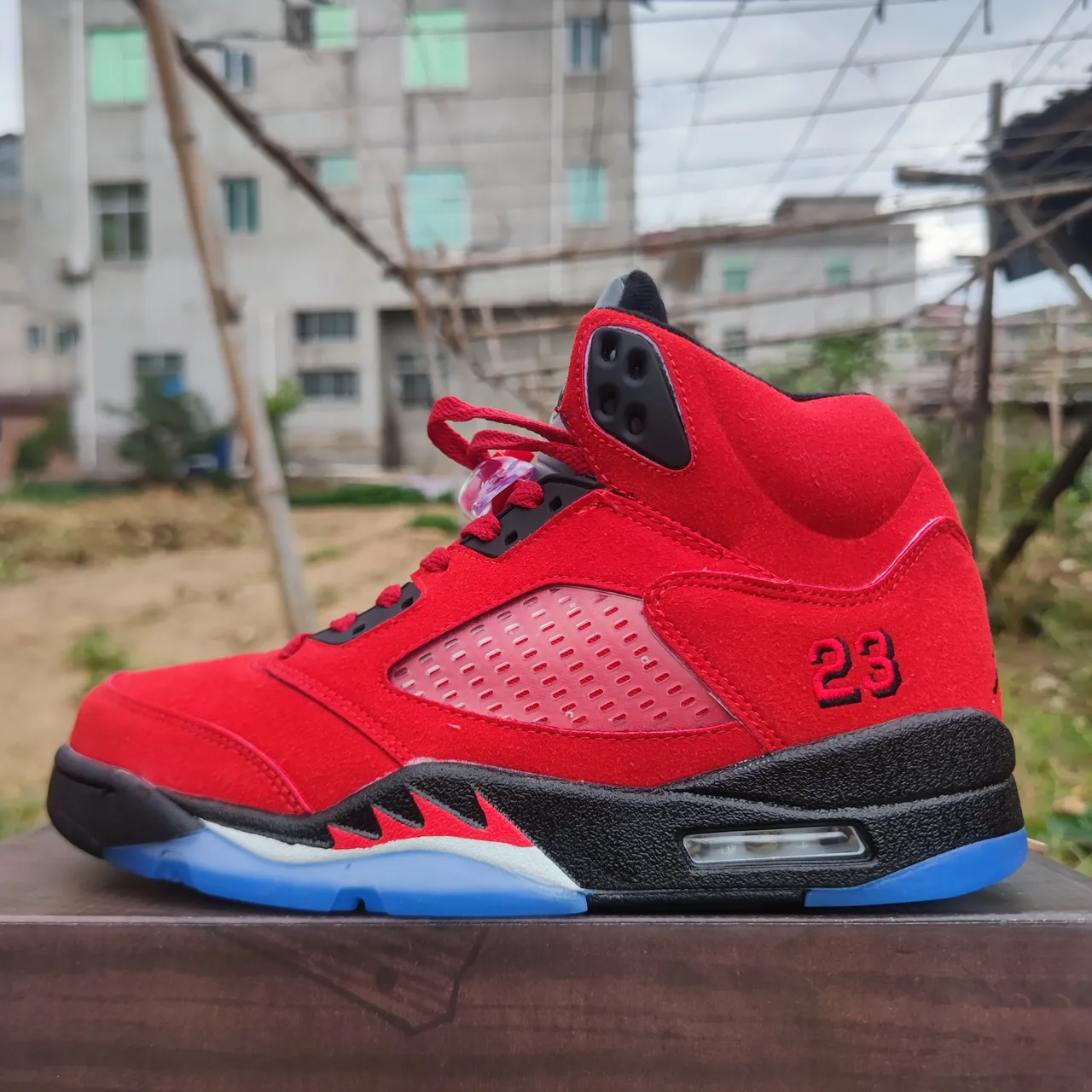 Air Jordan 5 Red Black Light Blue Basketball Shoes 3