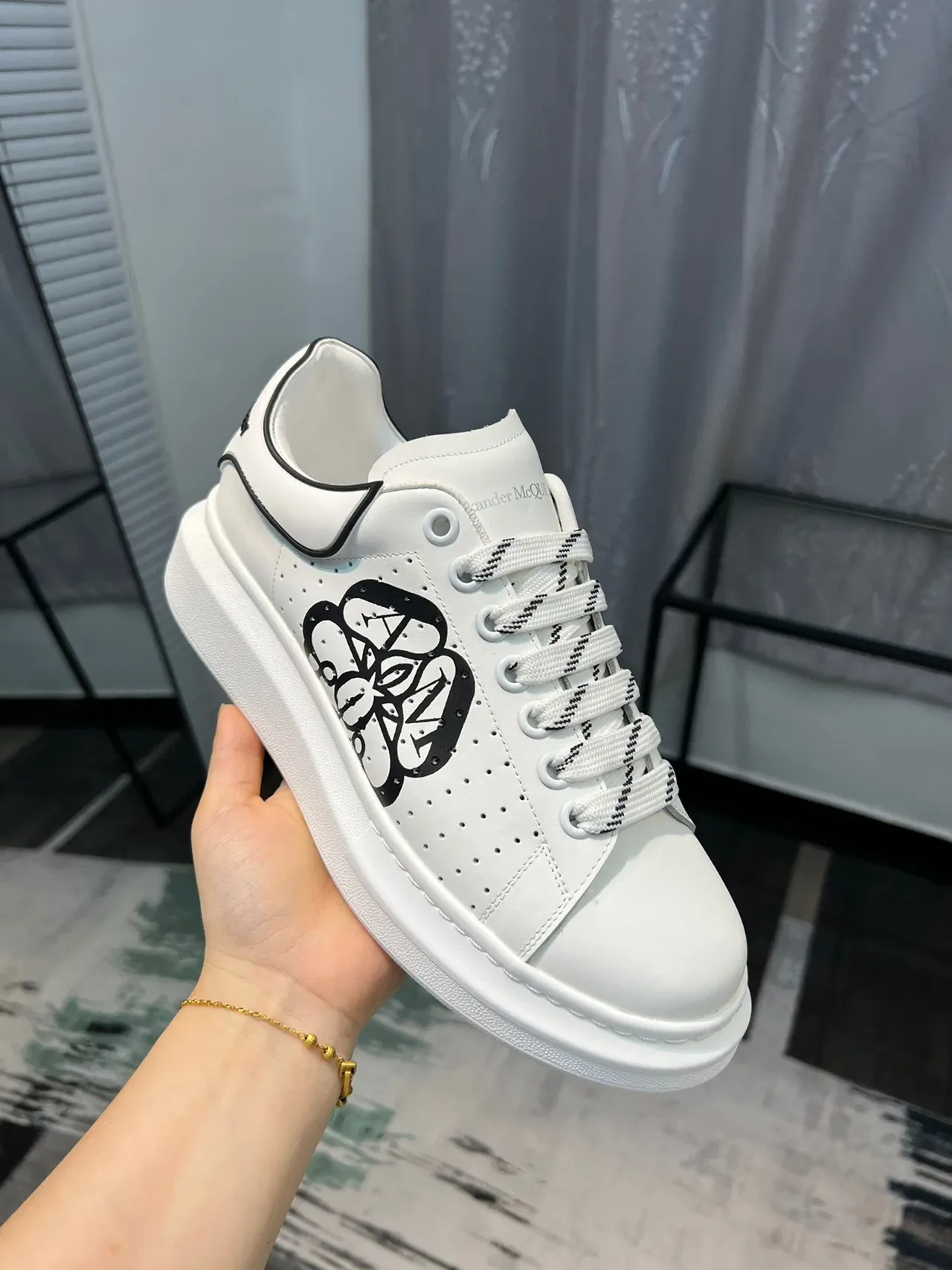 Alexander McQueen Oversized Sneaker White Black Platform Sole Perforated Leather Upper Lifestyle Sneakers 5