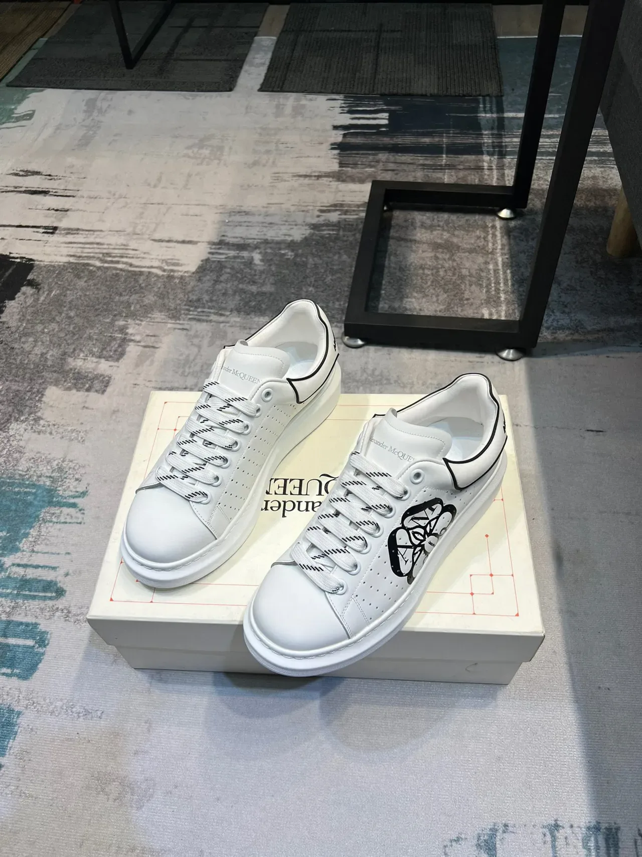 Alexander McQueen Oversized Sneaker White Black Platform Sole Perforated Leather Upper Lifestyle Sneakers 6