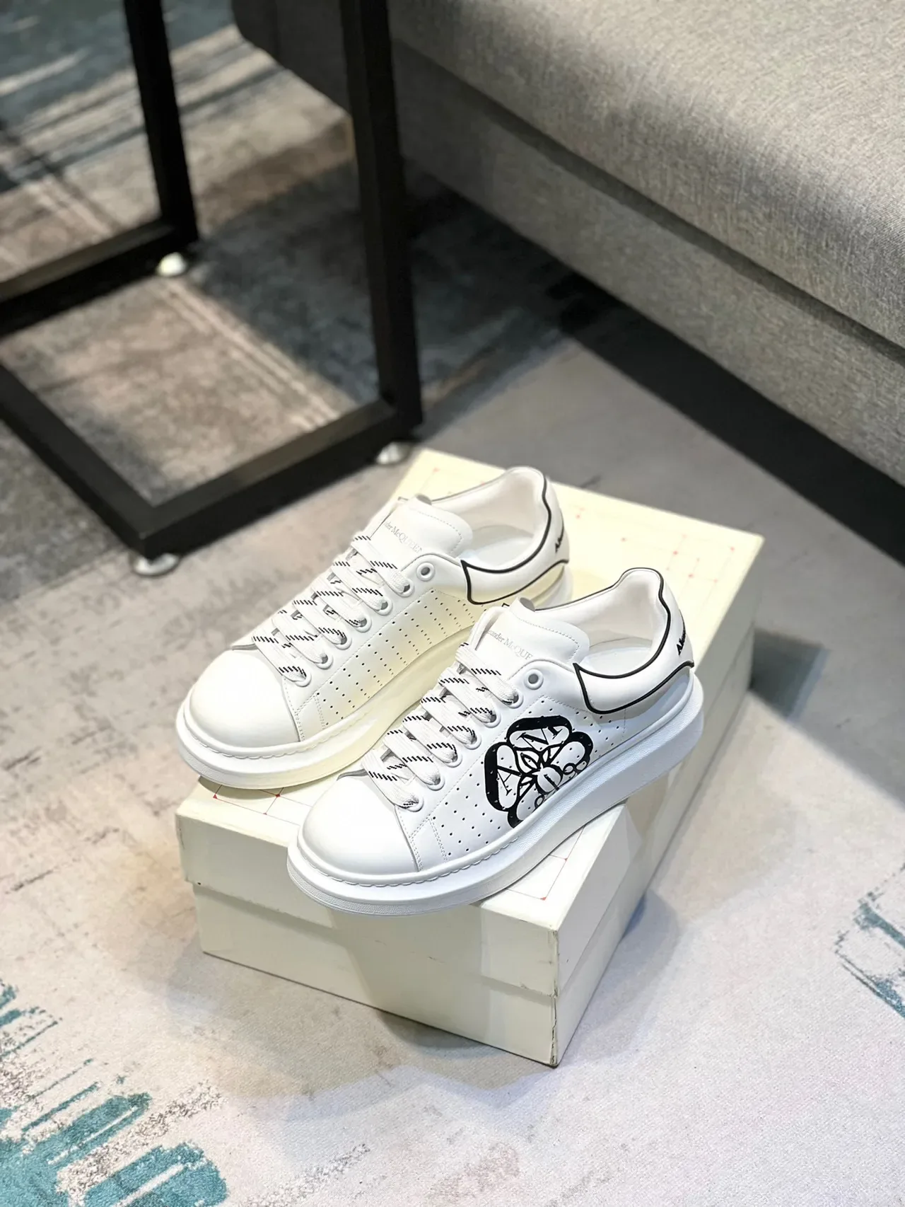 Alexander McQueen Oversized Sneaker White Black Platform Sole Perforated Leather Upper Lifestyle Sneakers 7
