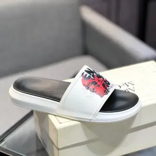 Alexander McQueen Skull Slide White Black Wide Strap Graphic Print Slippers