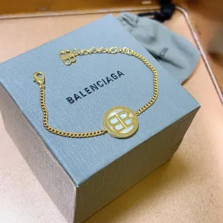巴伦西亚 BB Logo 手链 金色 白色 曲链 圆形吊坠 手链