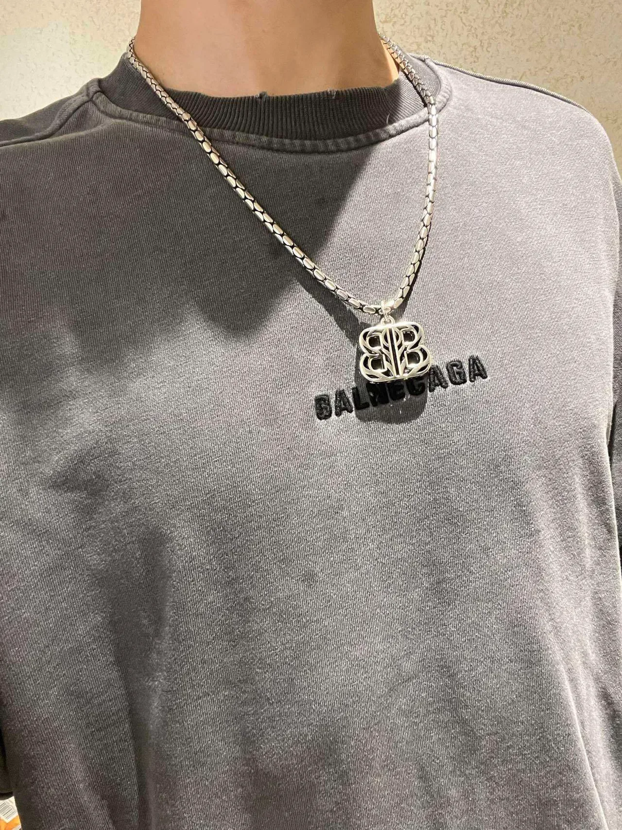 Balenciaga BB Pendant Necklace Silver Textured Chain Necklace 2