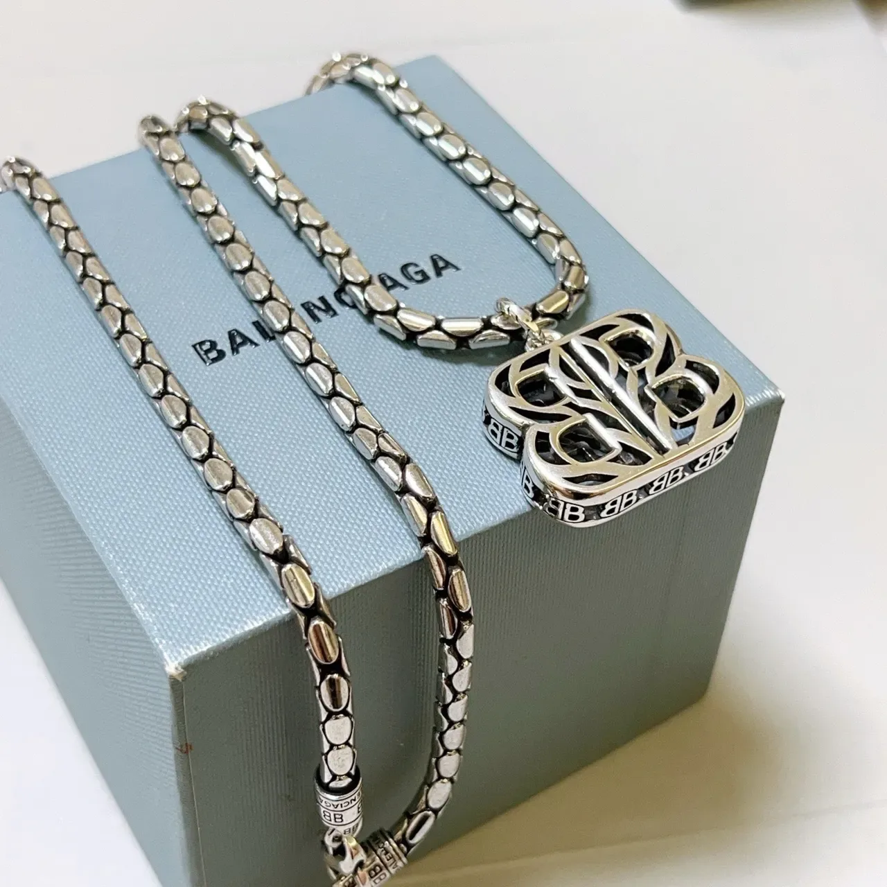 Balenciaga BB Pendant Necklace Silver Textured Chain Necklace 3
