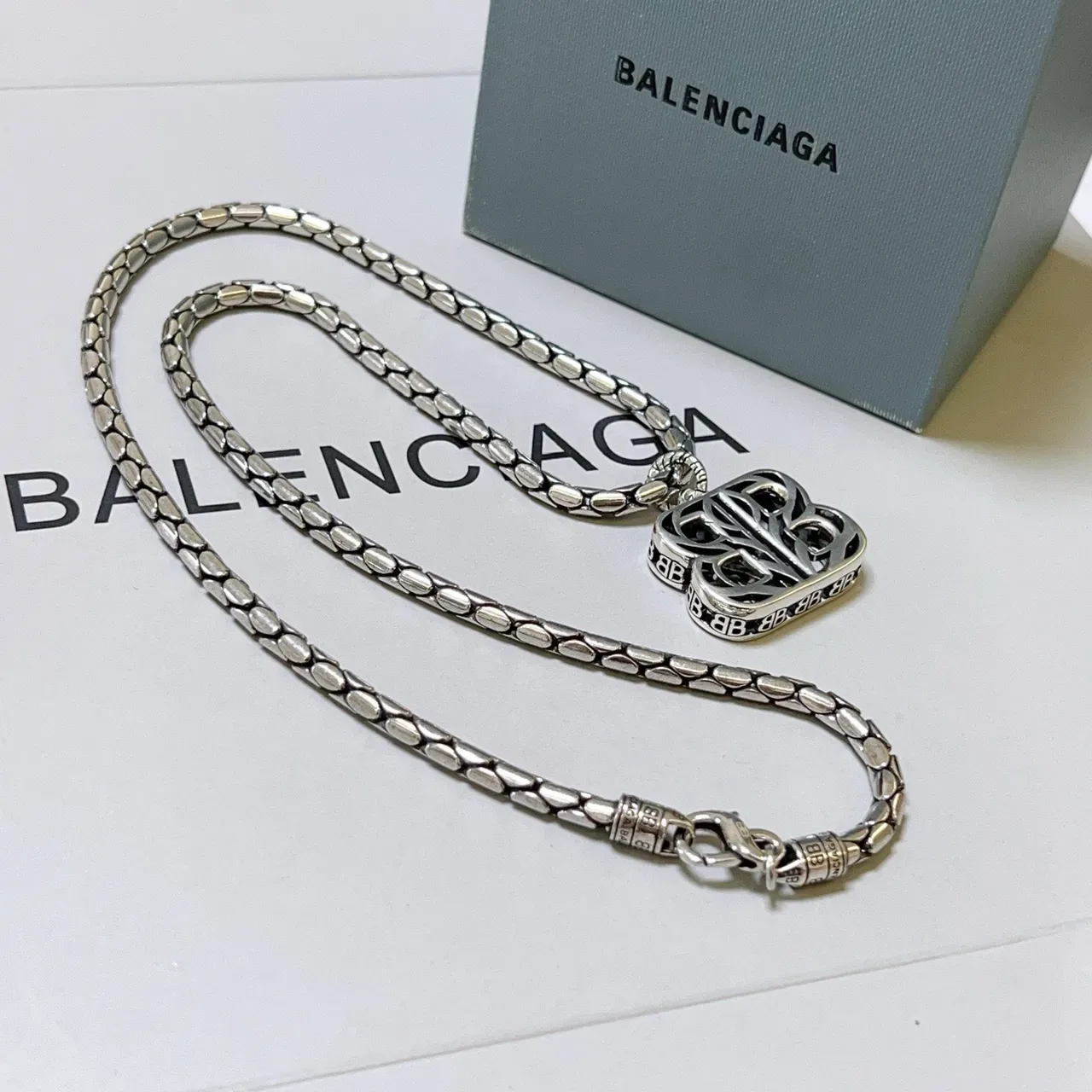 Balenciaga BB Pendant Necklace Silver Textured Chain Necklace 4