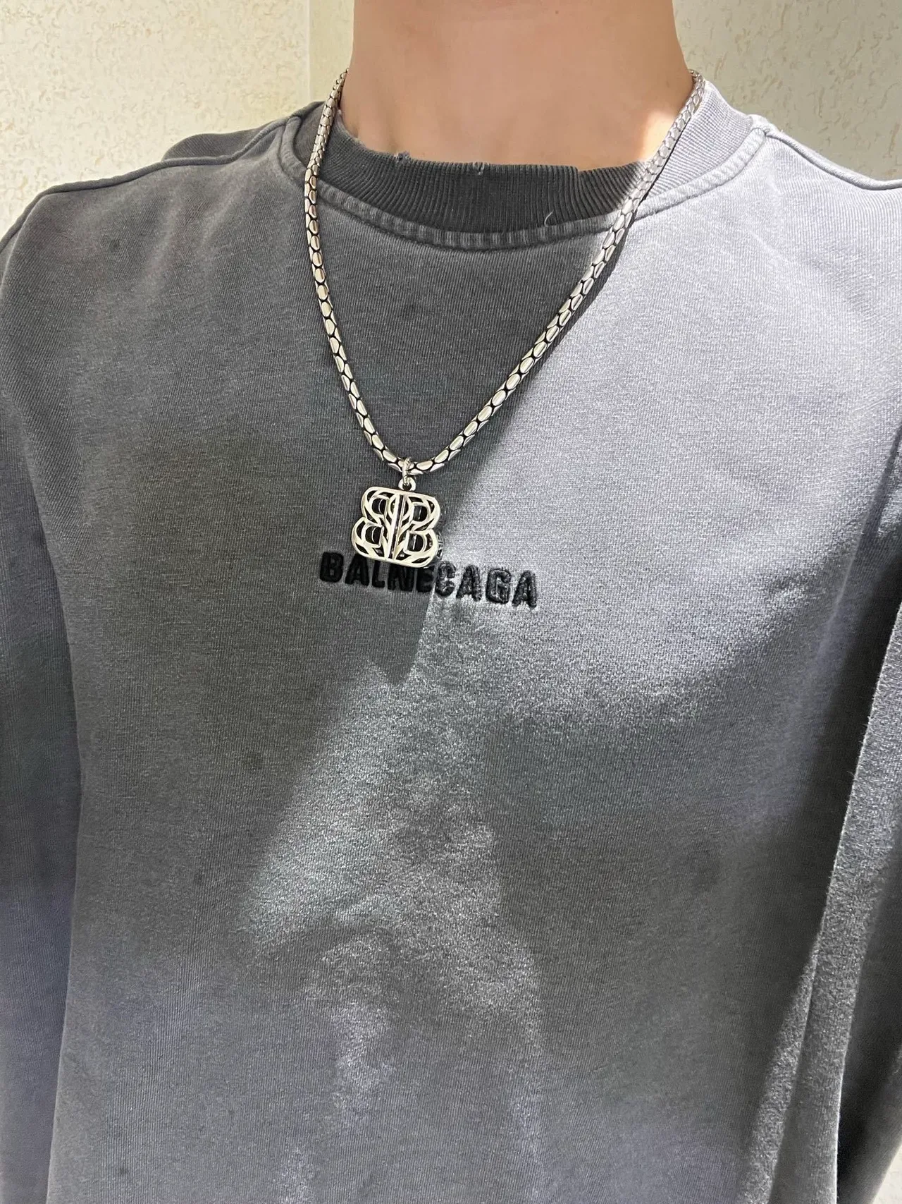 Balenciaga BB Pendant Necklace Silver Textured Chain Necklace 5
