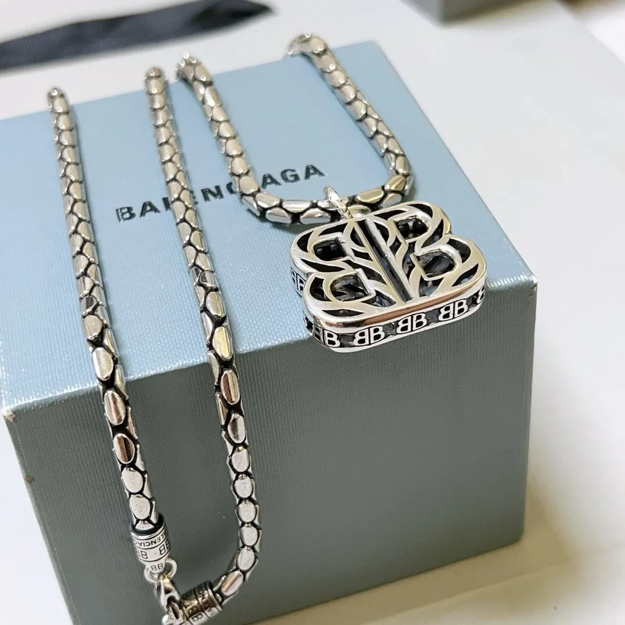 Balenciaga BB Pendant Necklace Silver Textured Chain Necklace 6