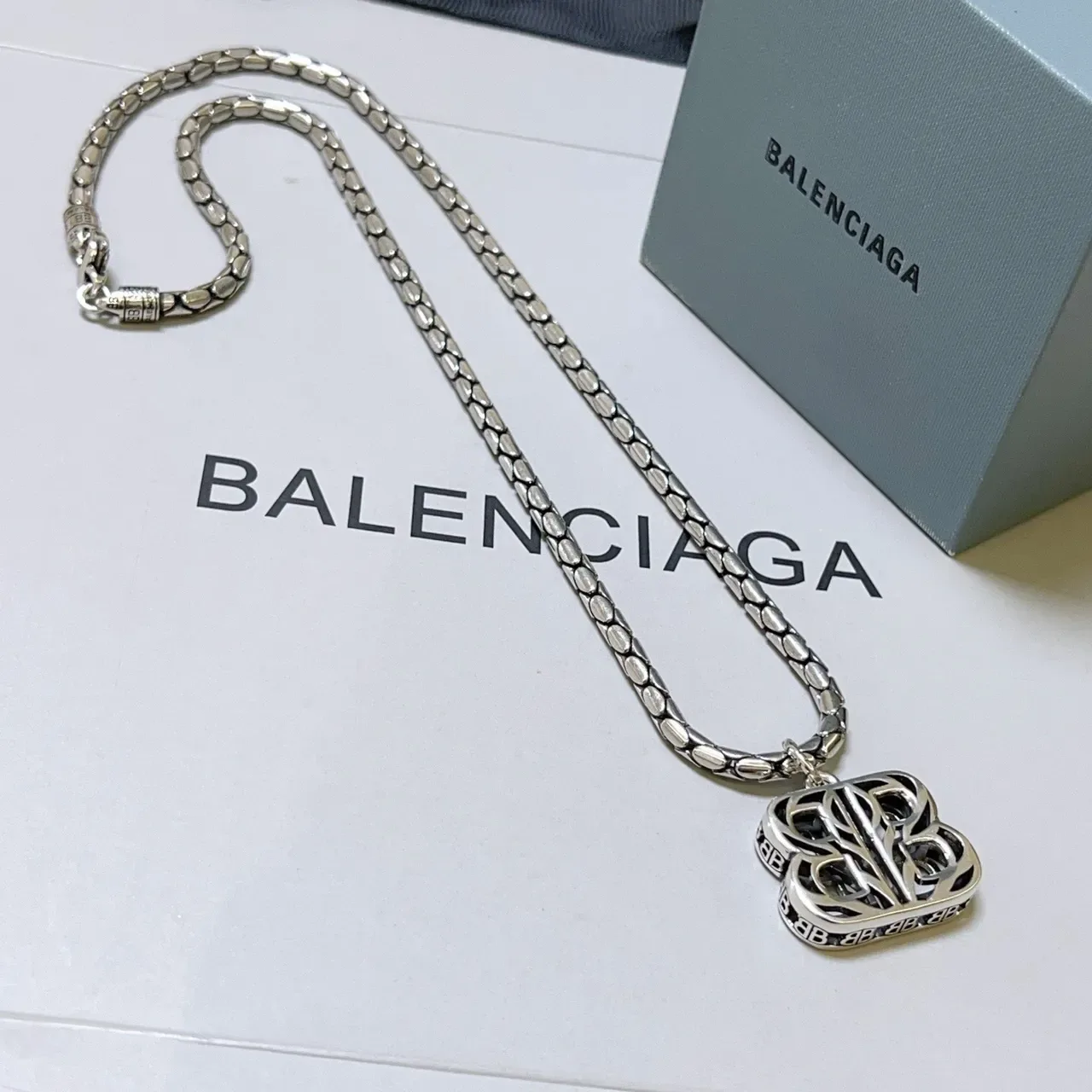 Balenciaga BB Pendant Necklace Silver Textured Chain Necklace 7