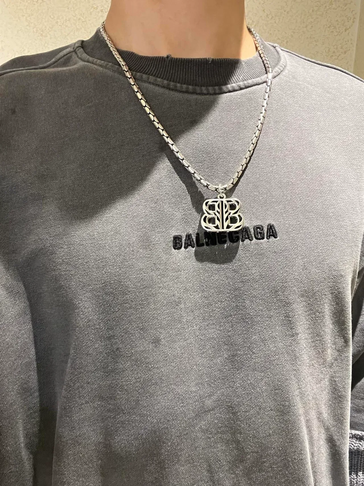 Balenciaga BB Pendant Necklace Silver Textured Chain Necklace 8