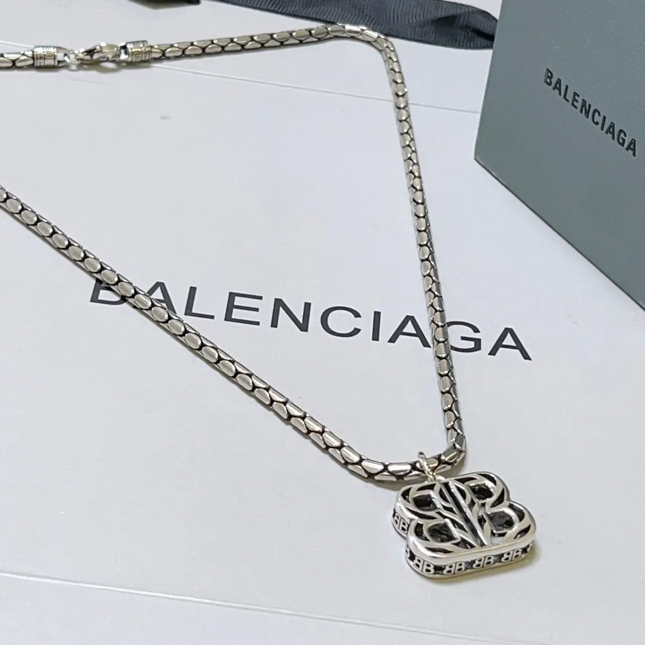 Balenciaga BB Pendant Necklace Silver Textured Chain Necklace 9
