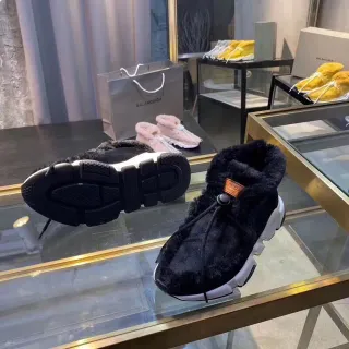 Balenciaga Black White Slip-On High-Top Plush Fur Collar Chunky Sneakers