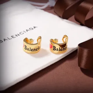 Balenciaga Gold Red Open Hoop Engraved Logo Earrings