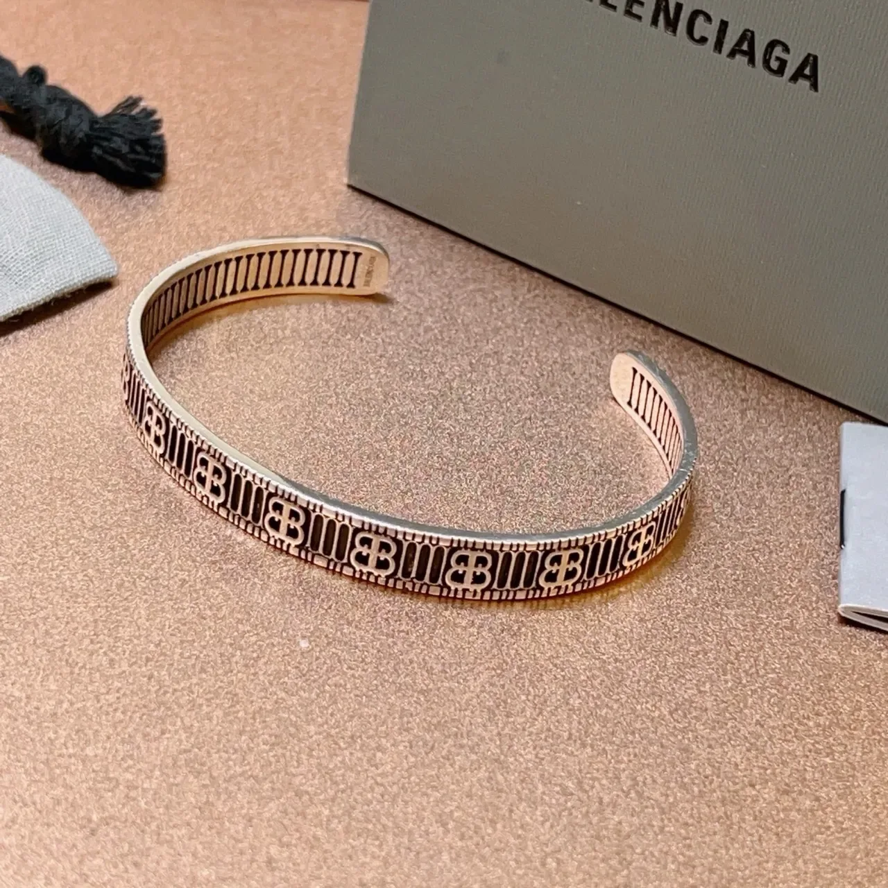 Balenciaga Monogrammed Silver and Black Enamel Cuff Bracelet 2