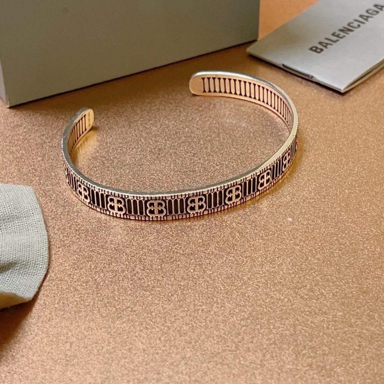 Balenciaga Monogrammed Silver and Black Enamel Cuff Bracelet 4
