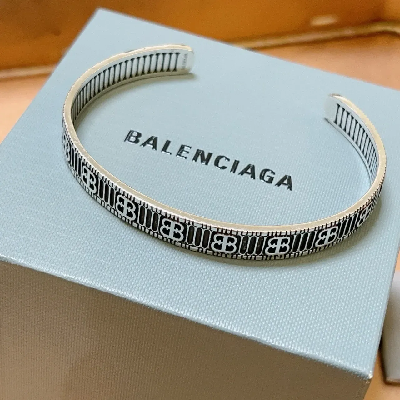 Balenciaga Monogrammed Silver and Black Enamel Cuff Bracelet 5