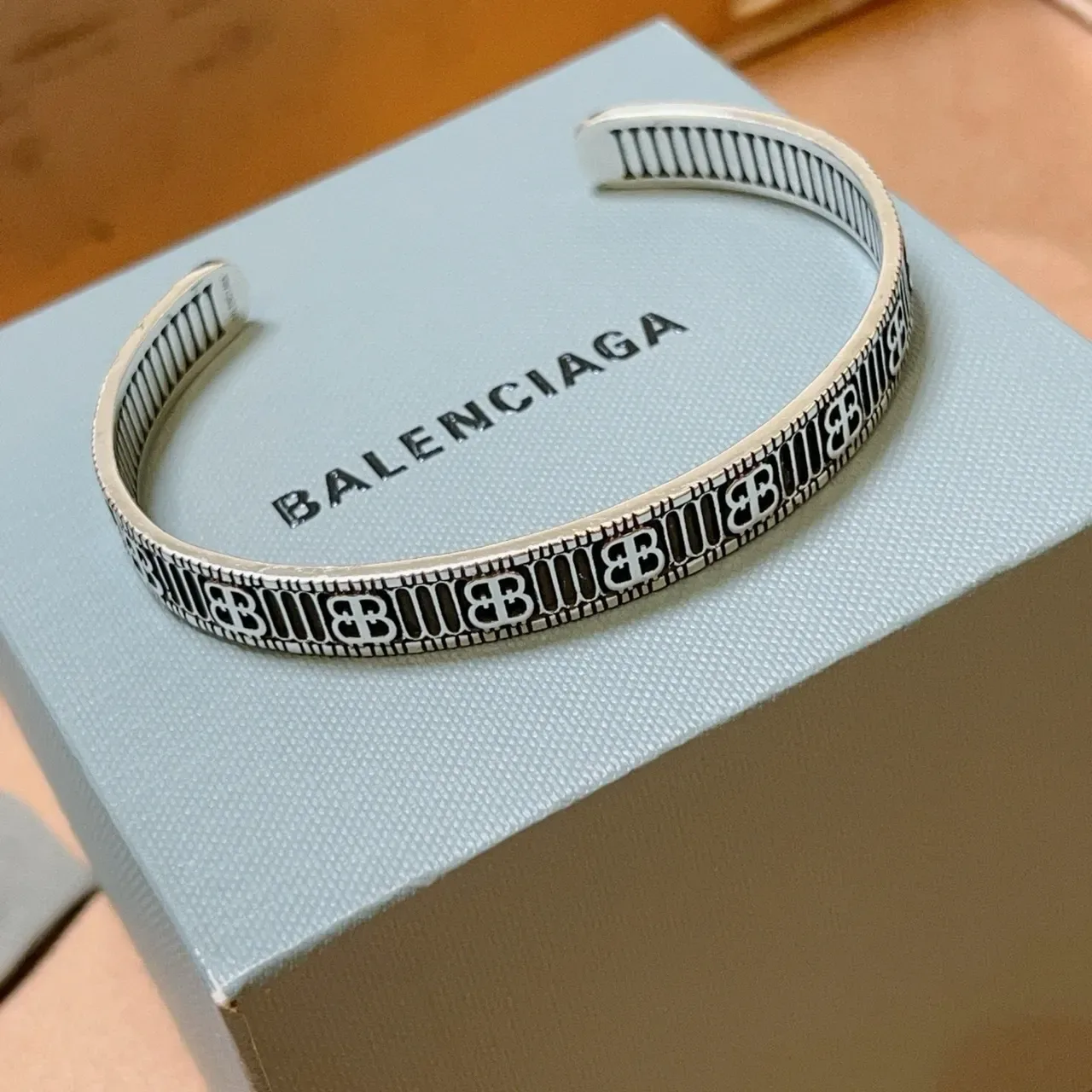 Balenciaga Monogrammed Silver and Black Enamel Cuff Bracelet 6
