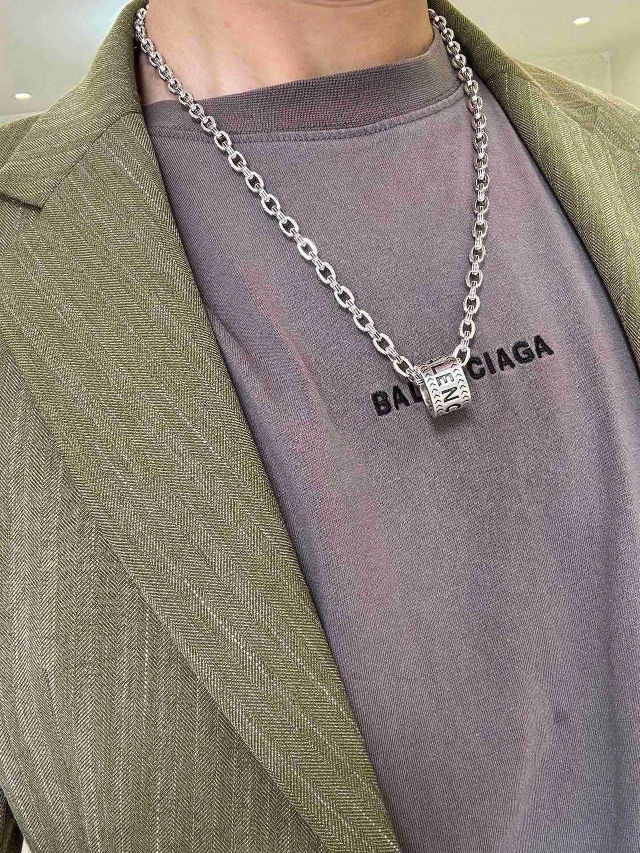 Balenciaga Silver Chain Cylindrical Pendant Necklace 7
