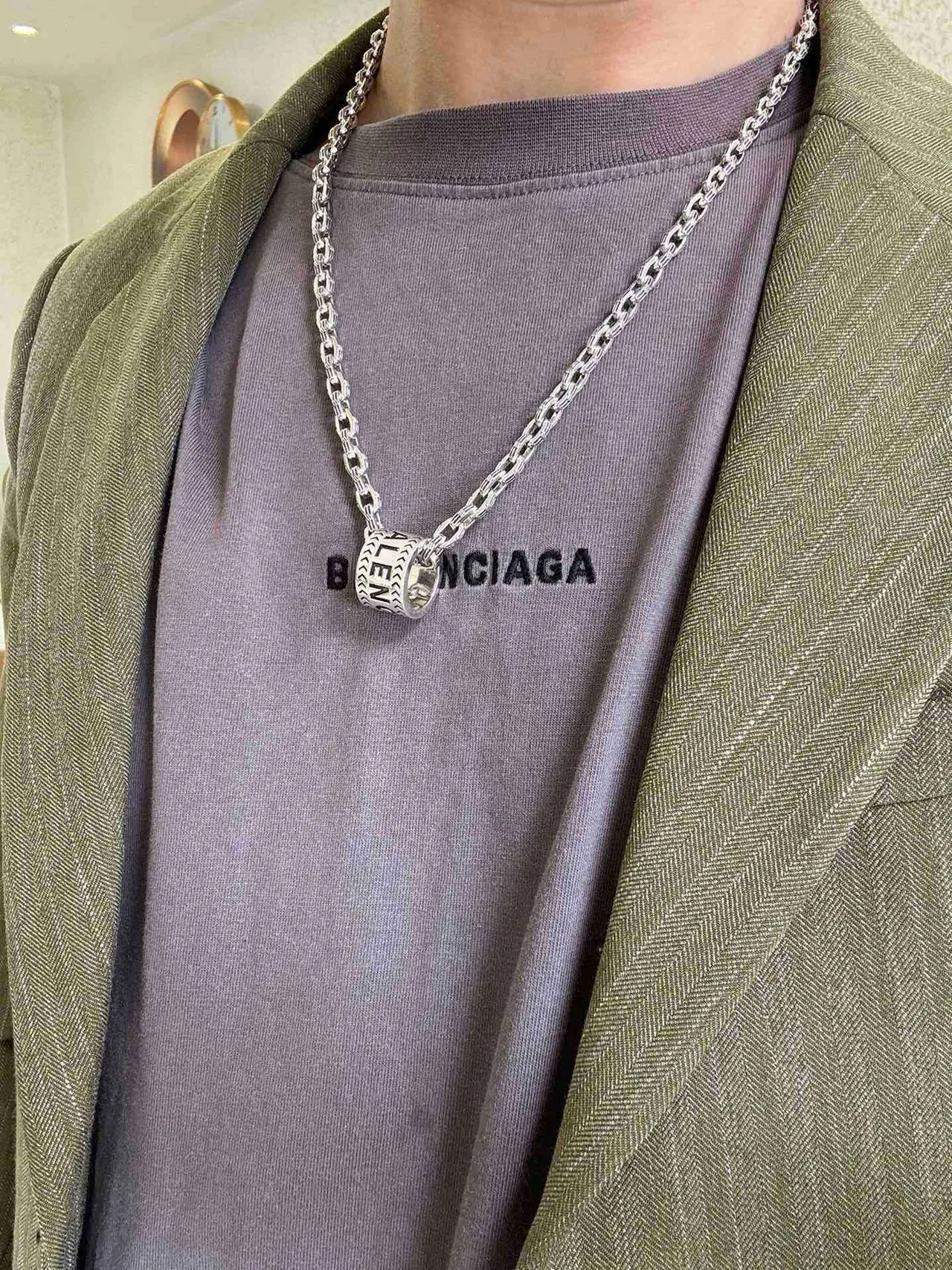 Balenciaga Silver Chain Cylindrical Pendant Necklace 8