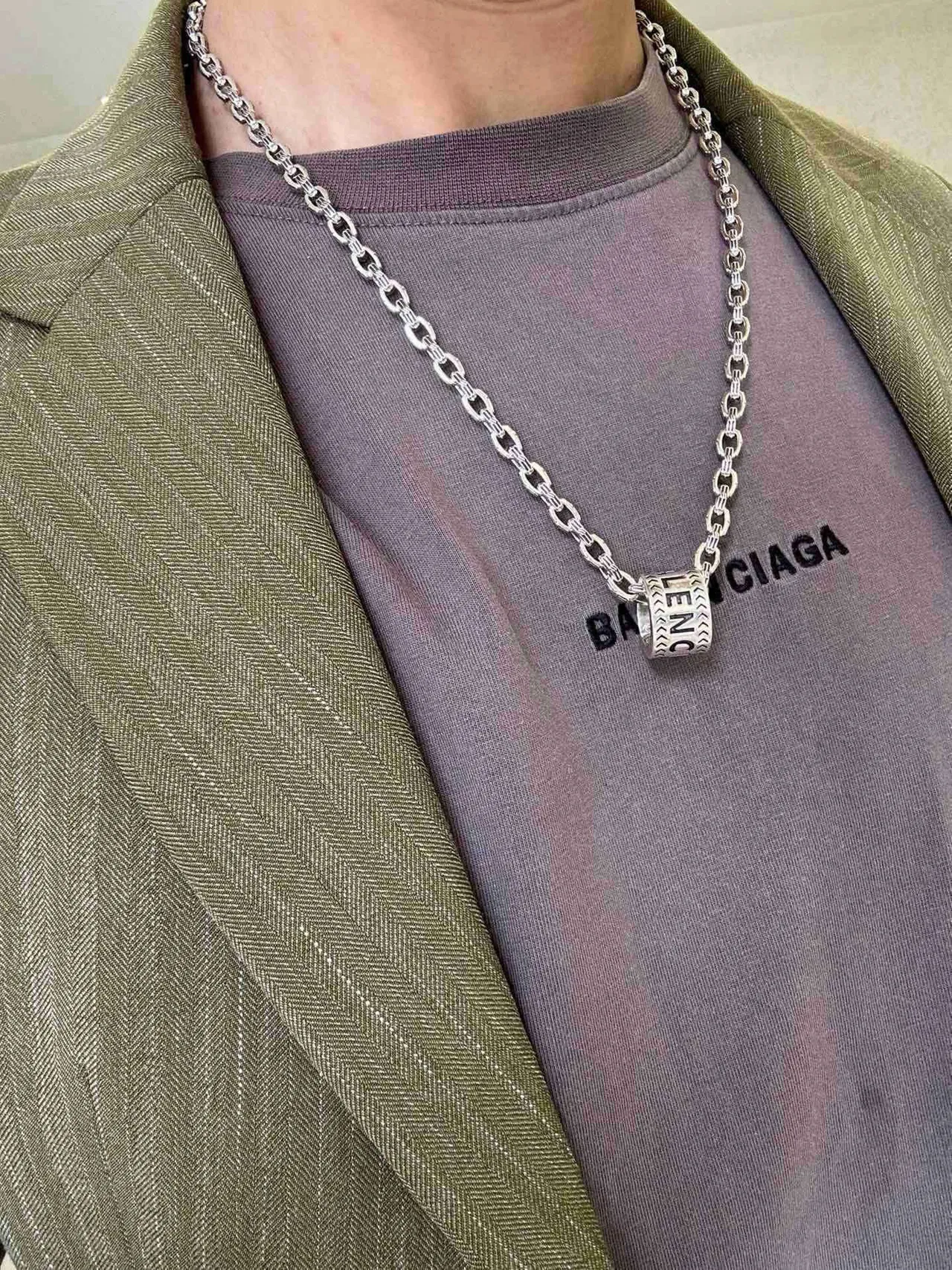 Balenciaga Silver Chain Cylindrical Pendant Necklace 9