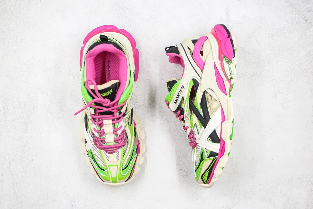 Balenciaga Track Trainer حذاء رياضي سميك وردي نيون وأخضر 4