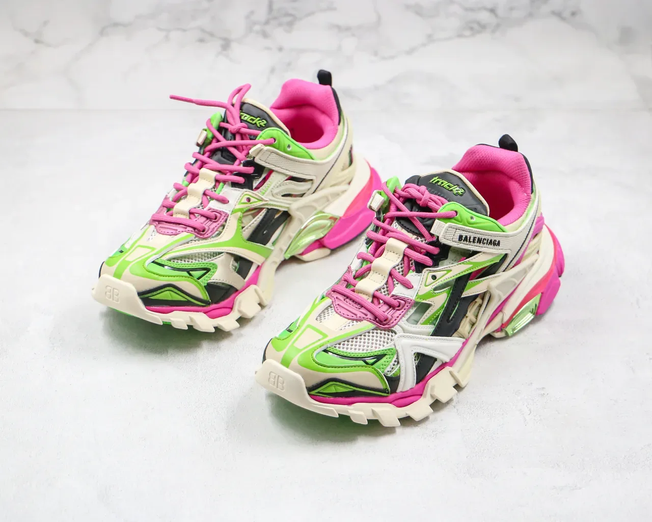 Balenciaga Track Trainer حذاء رياضي سميك وردي نيون وأخضر 5