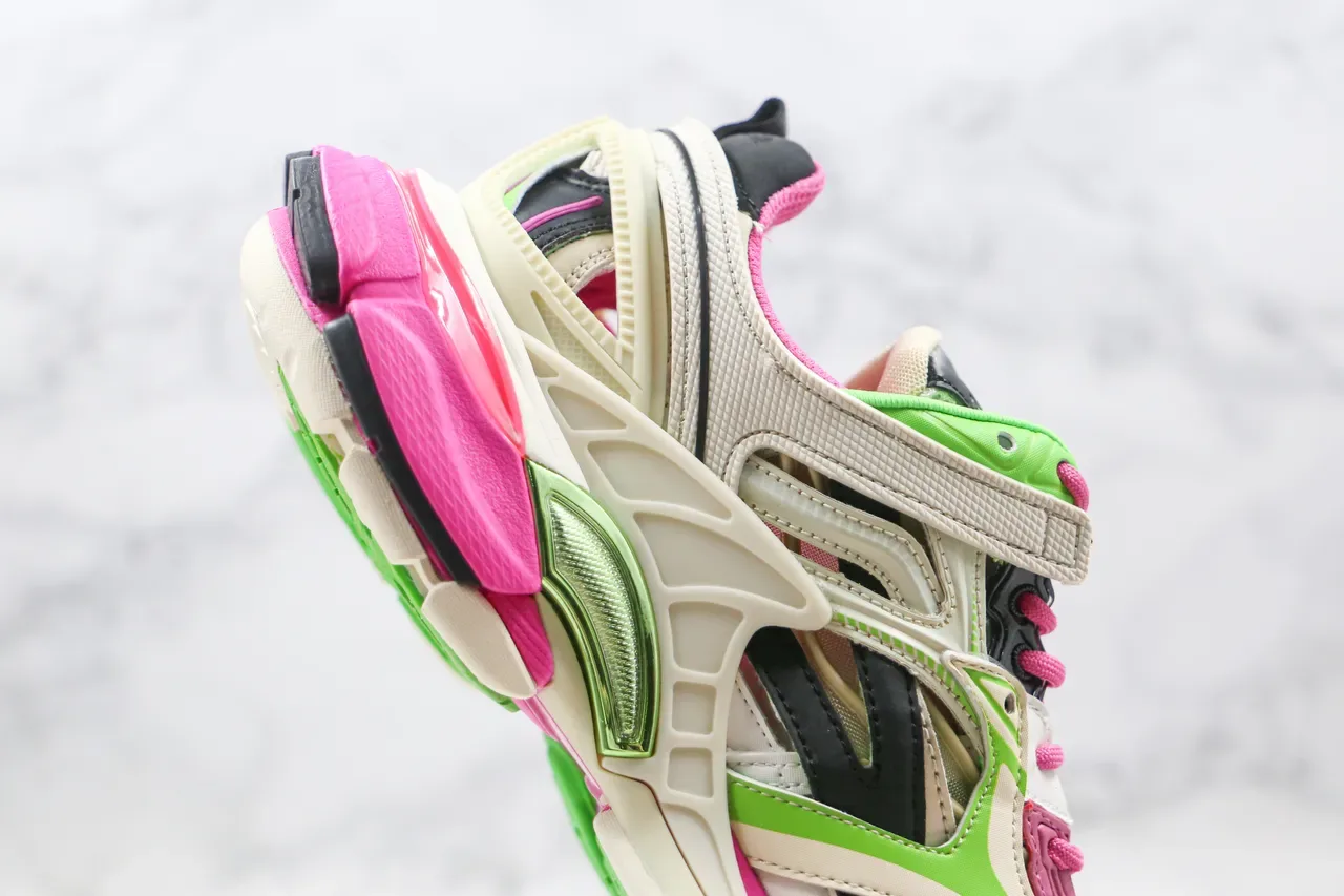 Balenciaga Track Trainer حذاء رياضي سميك وردي نيون وأخضر 6