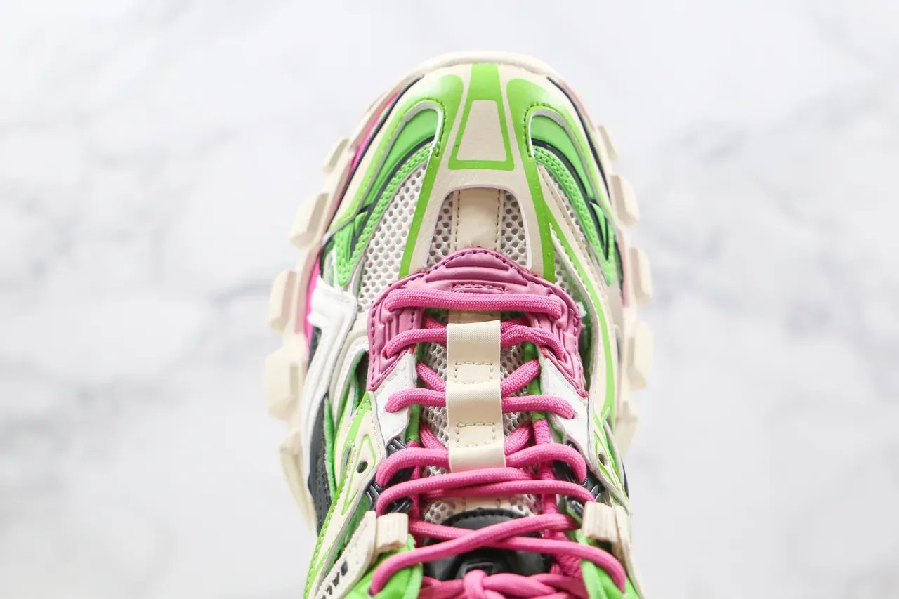 Balenciaga Track Trainer حذاء رياضي سميك وردي نيون وأخضر 7