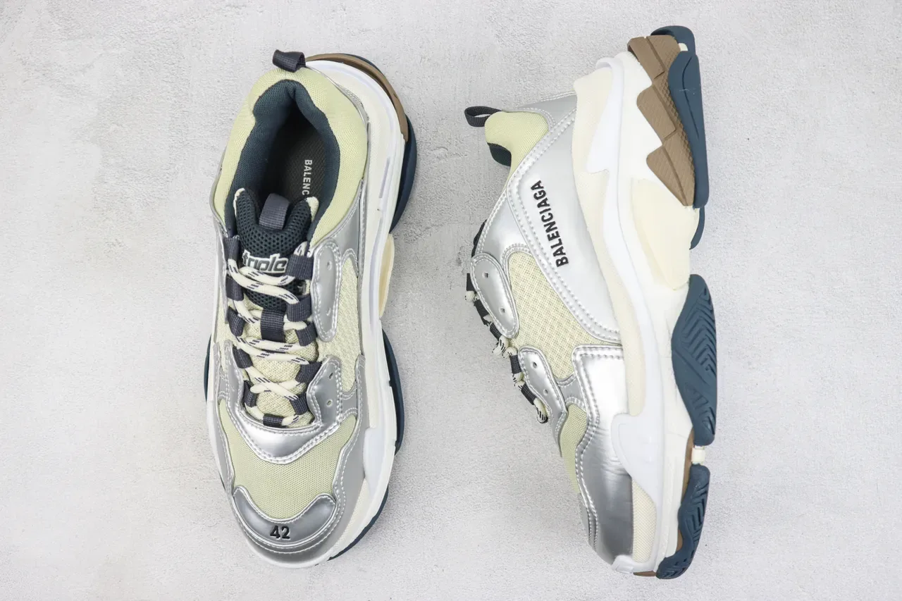 Balenciaga Triple S Silver and Pale Yellow Chunky Sneakers 3