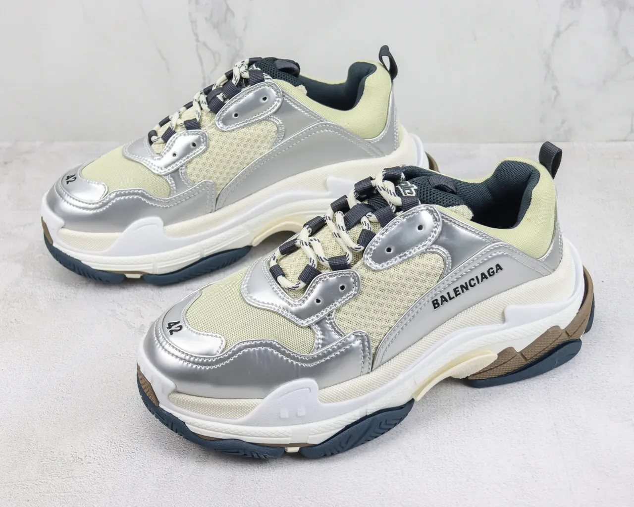 Balenciaga Triple S Silver and Pale Yellow Chunky Sneakers 4