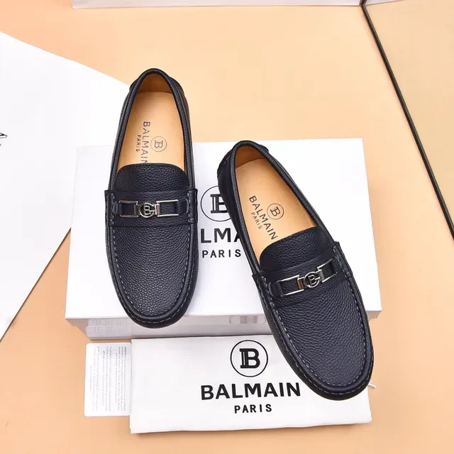 Balmain B-Court Loafer Noir Beige Cuir grainé Boucle métal 2