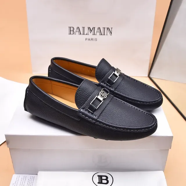 Balmain B-Court Loafer Noir Beige Cuir grainé Boucle métal 4