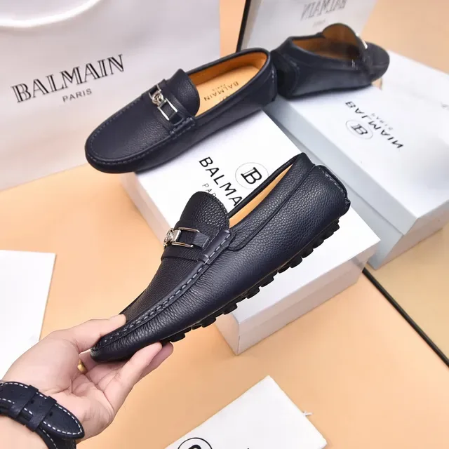 Balmain B-Court Loafer Noir Beige Cuir grainé Boucle métal 5