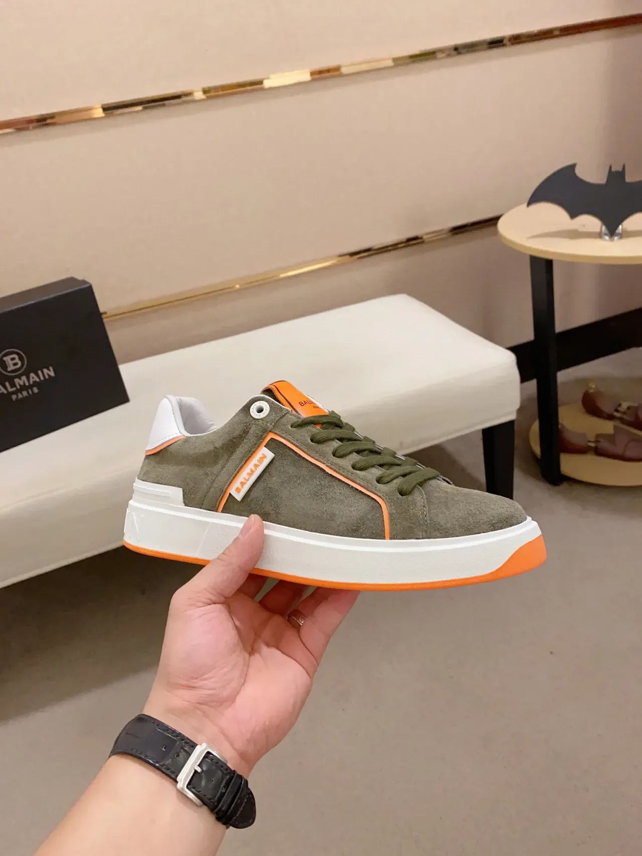 Balmain B-Court Verde Oliva e Laranja Tênis Lifestyle 4