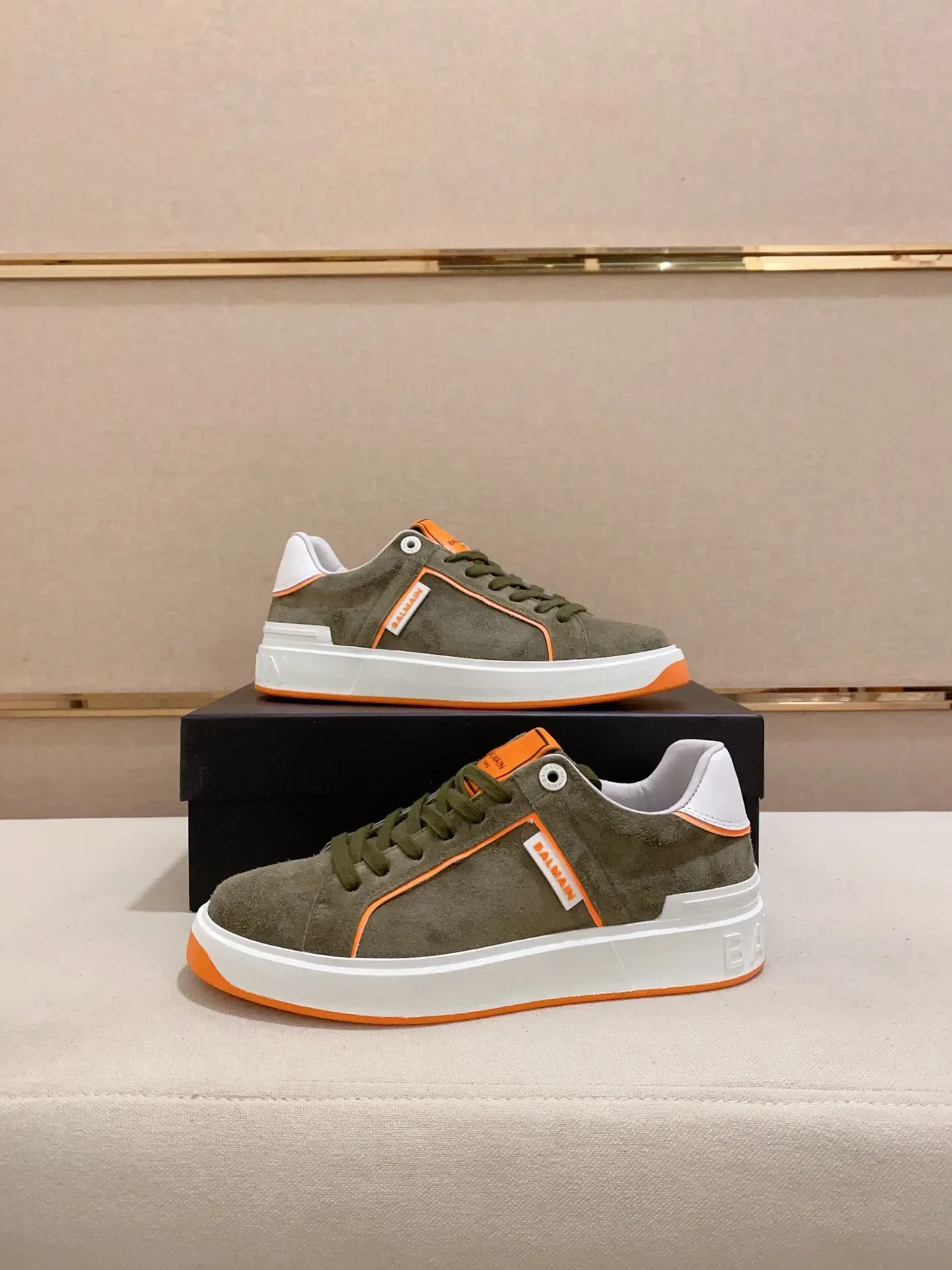 Balmain B-Court Verde Oliva e Laranja Tênis Lifestyle 7