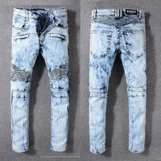 Balmain B-Moto নীল কালো অ্যাসিড ওয়াশ ক্ষতিগ্রস্ত স্ট্রাইপড প্যানেল জিন্স