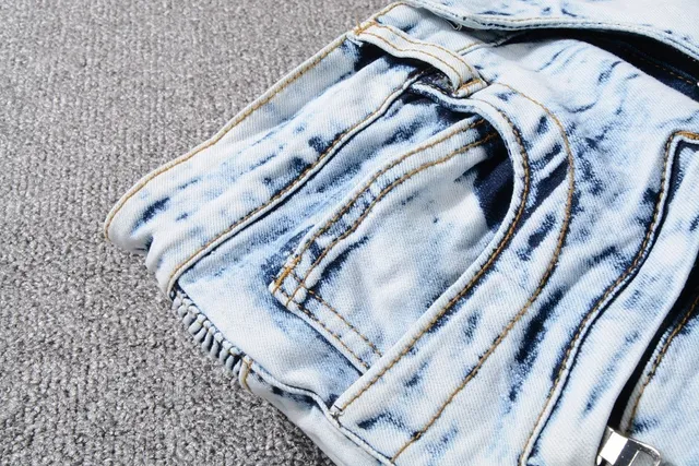 Balmain B-Moto নীল কালো অ্যাসিড ওয়াশ ক্ষতিগ্রস্ত স্ট্রাইপড প্যানেল জিন্স 4