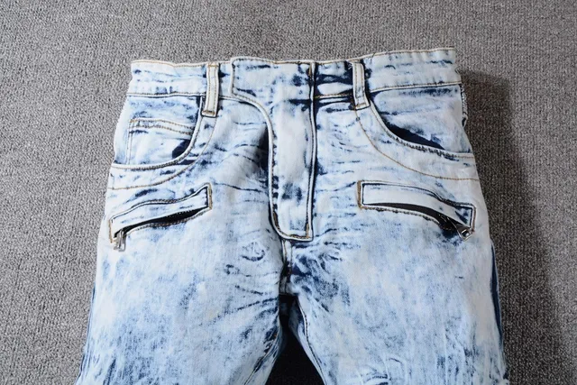 Balmain B-Moto নীল কালো অ্যাসিড ওয়াশ ক্ষতিগ্রস্ত স্ট্রাইপড প্যানেল জিন্স 6