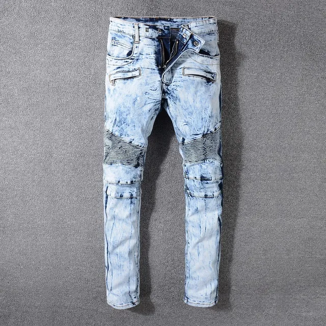 Balmain B-Moto নীল কালো অ্যাসিড ওয়াশ ক্ষতিগ্রস্ত স্ট্রাইপড প্যানেল জিন্স 9