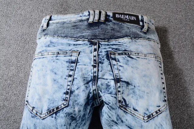 Balmain B-Moto নীল কালো অ্যাসিড ওয়াশ ক্ষতিগ্রস্ত স্ট্রাইপড প্যানেল জিন্স 13