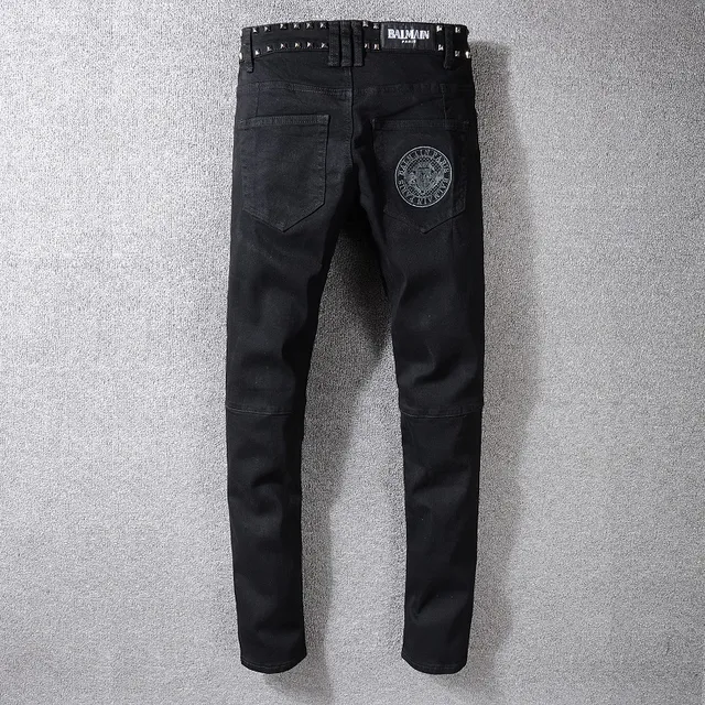 Balmain Biker Pantalon Jean Noir Argenté Clouté à Fermeture Éclair 7