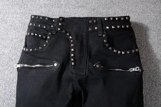 Balmain Biker Pantalon Jean Noir Argenté Clouté à Fermeture Éclair 10